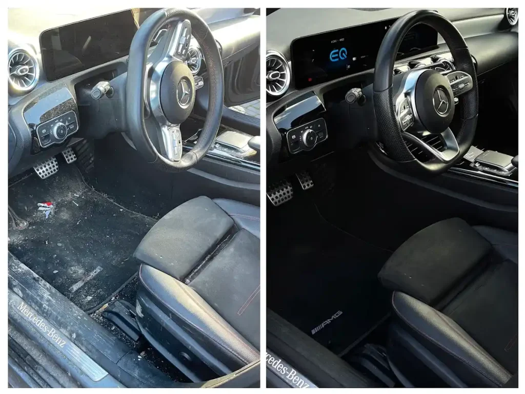 Interieurreiniging auto Mercedes voorkant voor en na